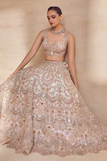 Shop Pankaj & Nidhi Ivory Organza, Tulle Sweetheart Neck Ashen Pearl Hand Embellished Lehenga Set Online at Aza Fashions Shop_Pankaj & Nidhi_Ivory Organza, Tulle Sweetheart Neck Ashen Pearl Hand Embellished Lehenga Set _Online_at_Aza_Fashions