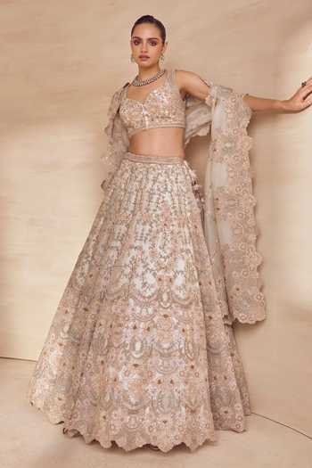 Pankaj & Nidhi Ivory Organza, Tulle Sweetheart Neck Ashen Pearl Hand Embellished Lehenga Set at Aza Fashions Pankaj & Nidhi_Ivory Organza, Tulle Sweetheart Neck Ashen Pearl Hand Embellished Lehenga Set _at_Aza_Fashions
