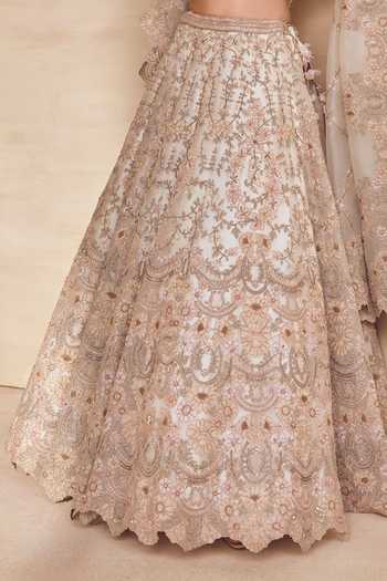 Buy Pankaj & Nidhi Ivory Organza, Tulle Sweetheart Neck Ashen Pearl Hand Embellished Lehenga Set Buy_Pankaj & Nidhi_Ivory Organza, Tulle Sweetheart Neck Ashen Pearl Hand Embellished Lehenga Set