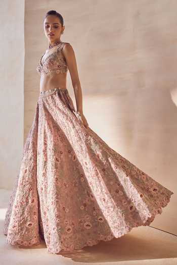 Pankaj & Nidhi Pink Silk Organza Sweetheart Neck Marigold Hush Hand Embellished Lehenga Set Online at Aza Fashions Pankaj & Nidhi_Pink Silk Organza Sweetheart Neck Marigold Hush Hand Embellished Lehenga Set _Online_at_Aza_Fashions