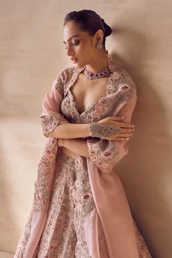 Buy Pankaj & Nidhi Pink Silk Organza Sweetheart Neck Marigold Hush Hand Embellished Lehenga Set Online at Aza Fashions Buy_Pankaj & Nidhi_Pink Silk Organza Sweetheart Neck Marigold Hush Hand Embellished Lehenga Set _Online_at_Aza_Fashions