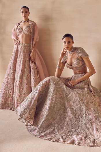 Pankaj & Nidhi Pink Silk Organza Sweetheart Neck Marigold Hush Hand Embellished Lehenga Set at Aza Fashions Pankaj & Nidhi_Pink Silk Organza Sweetheart Neck Marigold Hush Hand Embellished Lehenga Set _at_Aza_Fashions