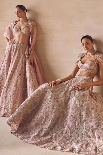 Buy Pankaj & Nidhi Pink Silk Organza Sweetheart Neck Marigold Hush Hand Embellished Lehenga Set Buy_Pankaj & Nidhi_Pink Silk Organza Sweetheart Neck Marigold Hush Hand Embellished Lehenga Set