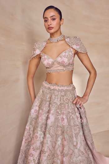 Pankaj & Nidhi Pink Silk Organza Sweetheart Neck Aster Orleans Bloom Lehenga Set at Aza Fashions Pankaj & Nidhi_Pink Silk Organza Sweetheart Neck Aster Orleans Bloom Lehenga Set _at_Aza_Fashions