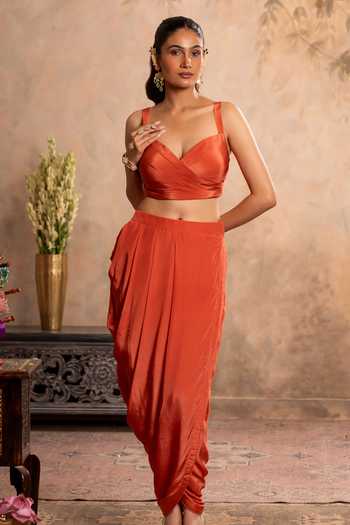 Studio Bagechaa_Orange Silk, Cotton, Chanderi, Crepe Adaa Embroidered Jacket And Draped Skirt Set _Online_at_Aza_Fashions