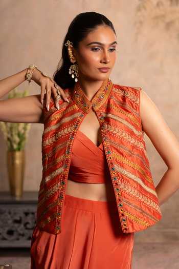 Buy_Studio Bagechaa_Orange Silk, Cotton, Chanderi, Crepe Adaa Embroidered Jacket And Draped Skirt Set _Online_at_Aza_Fashions
