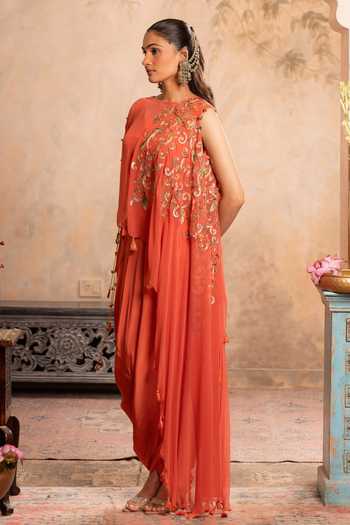 Studio Bagechaa Orange Georgette, Crepe Bela Embroidered Cape Top And Dhoti Skirt Set Online at Aza Fashions Studio Bagechaa_Orange Georgette, Crepe Bela Embroidered Cape Top And Dhoti Skirt Set _Online_at_Aza_Fashions