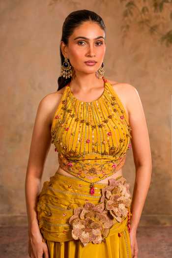 Studio Bagechaa_Yellow Silk, Cotton, Crepe, Net, Chiffon Rimjhim Draped Lehenga And Blouse Set _Online_at_Aza_Fashions