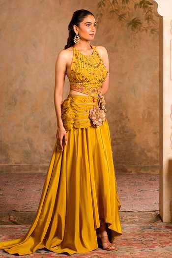 Buy_Studio Bagechaa_Yellow Silk, Cotton, Crepe, Net, Chiffon Rimjhim Draped Lehenga And Blouse Set _Online_at_Aza_Fashions