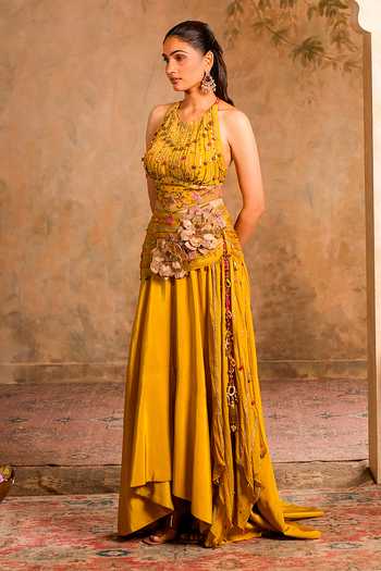 Shop_Studio Bagechaa_Yellow Silk, Cotton, Crepe, Net, Chiffon Rimjhim Draped Lehenga And Blouse Set _Online_at_Aza_Fashions