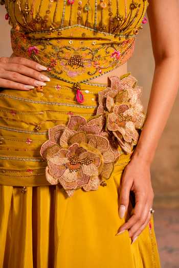 Studio Bagechaa_Yellow Silk, Cotton, Crepe, Net, Chiffon Rimjhim Draped Lehenga And Blouse Set _at_Aza_Fashions