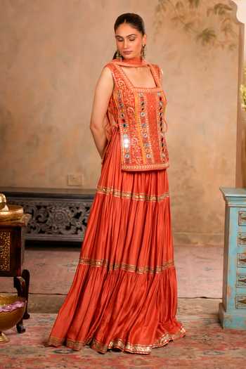 Buy Studio Bagechaa Orange Silk, Cotton, Organza Square Neck, Yes Ziya Embroidered Kurta Skirt Set Online at Aza Fashions Buy_Studio Bagechaa_Orange Silk, Cotton, Organza Square Neck, Yes Ziya Embroidered Kurta Skirt Set _Online_at_Aza_Fashions