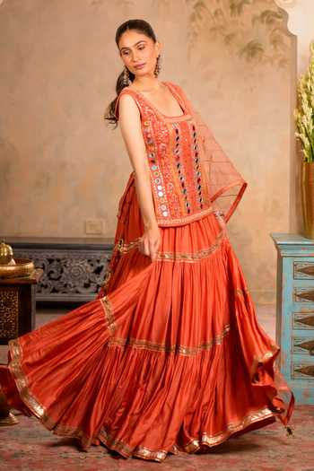 Shop Studio Bagechaa Orange Silk, Cotton, Organza Square Neck, Yes Ziya Embroidered Kurta Skirt Set Online at Aza Fashions Shop_Studio Bagechaa_Orange Silk, Cotton, Organza Square Neck, Yes Ziya Embroidered Kurta Skirt Set _Online_at_Aza_Fashions