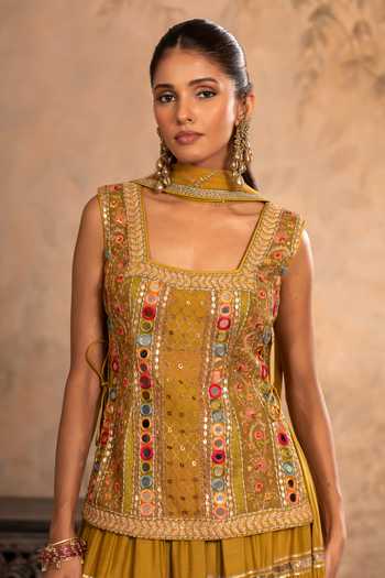 Studio Bagechaa Yellow Silk, Cotton, Organza Square Neck Ziya Embroidered Kurta Skirt Set at Aza Fashions Studio Bagechaa_Yellow Silk, Cotton, Organza Square Neck Ziya Embroidered Kurta Skirt Set _at_Aza_Fashions
