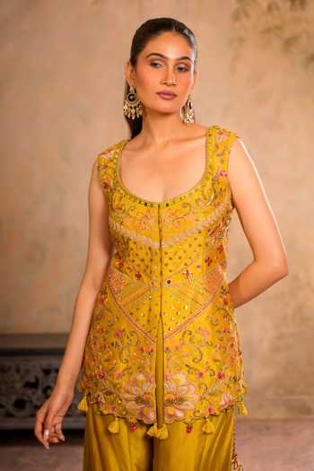 Buy Studio Bagechaa Yellow Silk Scoop Neck Kesar Embroidered Dola Jacket And Sharara Set Online at Aza Fashions Buy_Studio Bagechaa_Yellow Silk Scoop Neck Kesar Embroidered Dola Jacket And Sharara Set _Online_at_Aza_Fashions