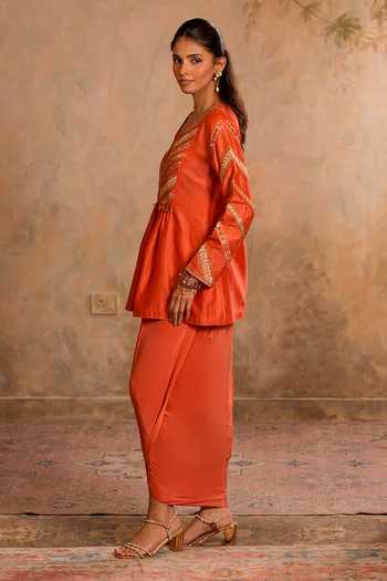 Buy Studio Bagechaa Orange Cotton, Chanderi, Crepe Era Embroidered Peplum Kurta And Dhoti Skirt Set Online at Aza Fashions Buy_Studio Bagechaa_Orange Cotton, Chanderi, Crepe Era Embroidered Peplum Kurta And Dhoti Skirt Set _Online_at_Aza_Fashions