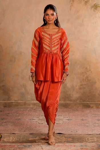 Shop Studio Bagechaa Orange Cotton, Chanderi, Crepe Era Embroidered Peplum Kurta And Dhoti Skirt Set Online at Aza Fashions Shop_Studio Bagechaa_Orange Cotton, Chanderi, Crepe Era Embroidered Peplum Kurta And Dhoti Skirt Set _Online_at_Aza_Fashions