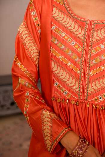 Studio Bagechaa Orange Cotton, Chanderi, Crepe Era Embroidered Peplum Kurta And Dhoti Skirt Set at Aza Fashions Studio Bagechaa_Orange Cotton, Chanderi, Crepe Era Embroidered Peplum Kurta And Dhoti Skirt Set _at_Aza_Fashions