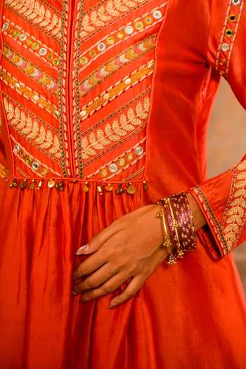 Buy Studio Bagechaa Orange Cotton, Chanderi, Crepe Era Embroidered Peplum Kurta And Dhoti Skirt Set Buy_Studio Bagechaa_Orange Cotton, Chanderi, Crepe Era Embroidered Peplum Kurta And Dhoti Skirt Set