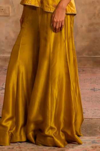 Studio Bagechaa Green Silk, Cotton V-neck Baani Yellow Top And Sharara Set Online at Aza Fashions Studio Bagechaa_Green Silk, Cotton V-neck Baani Yellow Top And Sharara Set _Online_at_Aza_Fashions