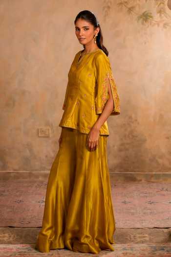 Buy Studio Bagechaa Green Silk, Cotton V-neck Baani Yellow Top And Sharara Set Online at Aza Fashions Buy_Studio Bagechaa_Green Silk, Cotton V-neck Baani Yellow Top And Sharara Set _Online_at_Aza_Fashions