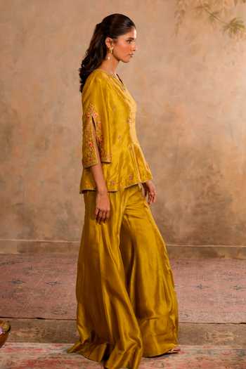 Shop Studio Bagechaa Green Silk, Cotton V-neck Baani Yellow Top And Sharara Set Online at Aza Fashions Shop_Studio Bagechaa_Green Silk, Cotton V-neck Baani Yellow Top And Sharara Set _Online_at_Aza_Fashions
