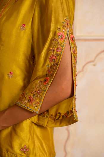 Studio Bagechaa Green Silk, Cotton V-neck Baani Yellow Top And Sharara Set at Aza Fashions Studio Bagechaa_Green Silk, Cotton V-neck Baani Yellow Top And Sharara Set _at_Aza_Fashions