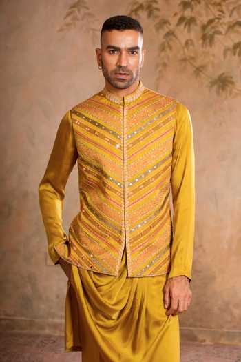 Studio Bagechaa Yellow Chanderi, Satin, Linen Samar Embroidered Nehru Jacket And Kurta Set Online at Aza Fashions Studio Bagechaa_Yellow Chanderi, Satin, Linen Samar Embroidered Nehru Jacket And Kurta Set _Online_at_Aza_Fashions