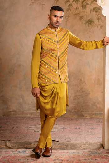Buy Studio Bagechaa Yellow Chanderi, Satin, Linen Samar Embroidered Nehru Jacket And Kurta Set Online at Aza Fashions Buy_Studio Bagechaa_Yellow Chanderi, Satin, Linen Samar Embroidered Nehru Jacket And Kurta Set _Online_at_Aza_Fashions