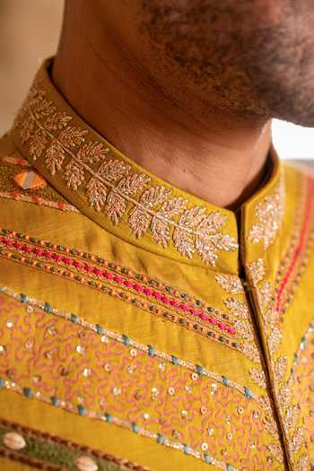Studio Bagechaa Yellow Chanderi, Satin, Linen Samar Embroidered Nehru Jacket And Kurta Set at Aza Fashions Studio Bagechaa_Yellow Chanderi, Satin, Linen Samar Embroidered Nehru Jacket And Kurta Set _at_Aza_Fashions