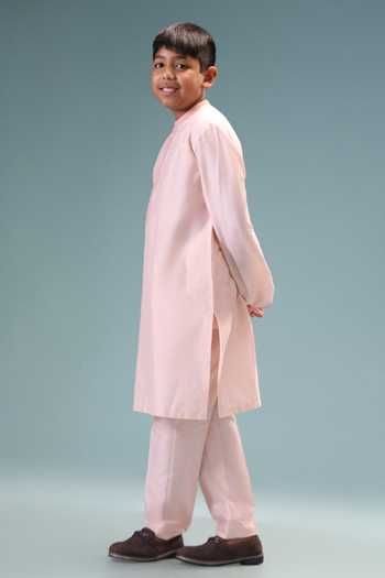 Buy_Minikin_Pink Silk, Cotton Emboidered Nehru Jacket And Kurta Set _Online_at_Aza_Fashions