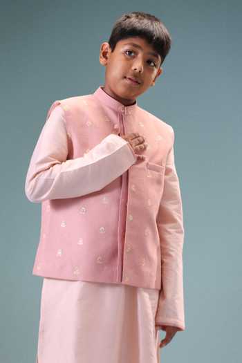 Minikin_Pink Silk, Cotton Emboidered Nehru Jacket And Kurta Set _at_Aza_Fashions
