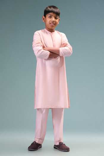 Buy_Minikin_Pink Silk, Cotton Emboidered Nehru Jacket And Kurta Set 