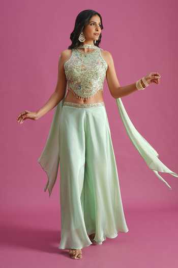 Buy Samyukta Singhania Green Tissue Halter Neck Hand Embroidered Top Palazzo Set Buy_Samyukta Singhania_Green Tissue Halter Neck Hand Embroidered Top Palazzo Set