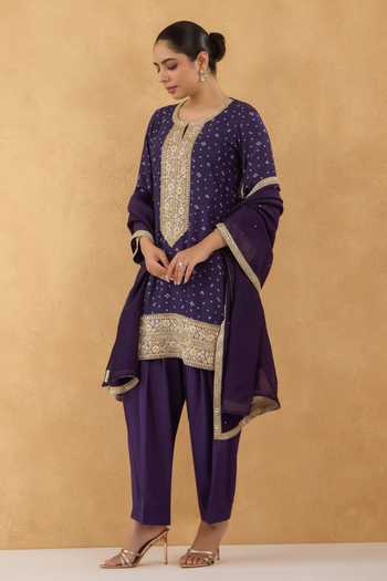 Shop_Pooja Popli_Purple Silk, Cotton Round Neck, Yes Bandhej Print Kurta Salwar Set _Online_at_Aza_Fashions