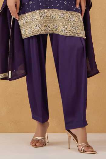 Buy_Pooja Popli_Purple Silk, Cotton Round Neck, Yes Bandhej Print Kurta Salwar Set 