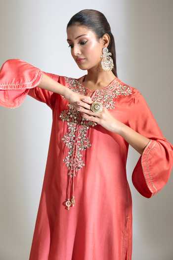 Tanu Malhotra Orange Silk, Cotton Round Neck, Keyhole Rust Mirror Embroidered Kurta With Pant Online at Aza Fashions Tanu Malhotra_Orange Silk, Cotton Round Neck, Keyhole Rust Mirror Embroidered Kurta With Pant _Online_at_Aza_Fashions