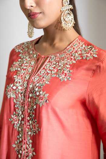 Buy Tanu Malhotra Orange Silk, Cotton Round Neck, Keyhole Rust Mirror Embroidered Kurta With Pant Online at Aza Fashions Buy_Tanu Malhotra_Orange Silk, Cotton Round Neck, Keyhole Rust Mirror Embroidered Kurta With Pant _Online_at_Aza_Fashions