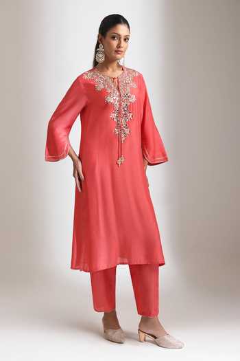 Shop Tanu Malhotra Orange Silk, Cotton Round Neck, Keyhole Rust Mirror Embroidered Kurta With Pant Online at Aza Fashions Shop_Tanu Malhotra_Orange Silk, Cotton Round Neck, Keyhole Rust Mirror Embroidered Kurta With Pant _Online_at_Aza_Fashions
