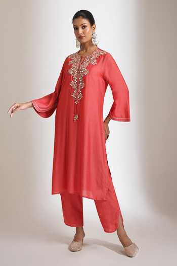 Buy Tanu Malhotra Orange Silk, Cotton Round Neck, Keyhole Rust Mirror Embroidered Kurta With Pant Buy_Tanu Malhotra_Orange Silk, Cotton Round Neck, Keyhole Rust Mirror Embroidered Kurta With Pant