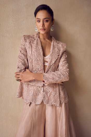 Pankaj & Nidhi Pink Silk Organza Shawl Neck Rosewater Peplum Jacket Sharara Set Online at Aza Fashions Pankaj & Nidhi_Pink Silk Organza Shawl Neck Rosewater Peplum Jacket Sharara Set _Online_at_Aza_Fashions