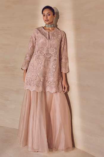 Pankaj & Nidhi Pink Silk Organza Split V-neck Powder Floral Embroidered Sharara Set Online at Aza Fashions Pankaj & Nidhi_Pink Silk Organza Split V-neck Powder Floral Embroidered Sharara Set _Online_at_Aza_Fashions