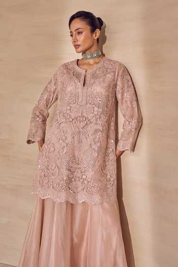 Buy Pankaj & Nidhi Pink Silk Organza Split V-neck Powder Floral Embroidered Sharara Set Online at Aza Fashions Buy_Pankaj & Nidhi_Pink Silk Organza Split V-neck Powder Floral Embroidered Sharara Set _Online_at_Aza_Fashions