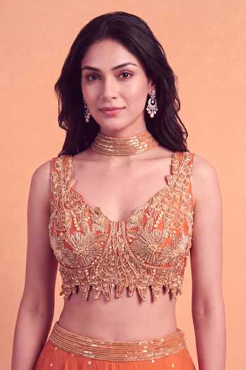 Buy Two Sisters By Gyans Orange Georgette, Silk V-neck Embellished Lehenga Set Online at Aza Fashions Buy_Two Sisters By Gyans_Orange Georgette, Silk V-neck Embellished Lehenga Set _Online_at_Aza_Fashions