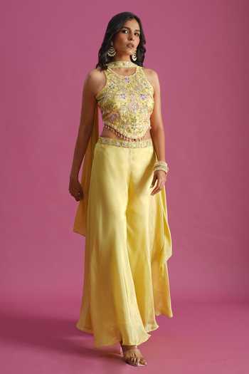 Buy Samyukta Singhania Yellow Tissue Embroidery Halter Neck Top Palazzo Set Online at Aza Fashions Buy_Samyukta Singhania_Yellow Tissue Embroidery Halter Neck Top Palazzo Set _Online_at_Aza_Fashions