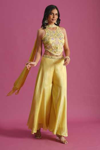 Shop Samyukta Singhania Yellow Tissue Embroidery Halter Neck Top Palazzo Set Online at Aza Fashions Shop_Samyukta Singhania_Yellow Tissue Embroidery Halter Neck Top Palazzo Set _Online_at_Aza_Fashions