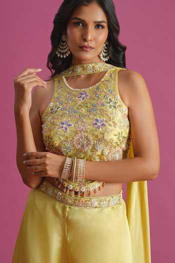Samyukta Singhania Yellow Tissue Embroidery Halter Neck Top Palazzo Set at Aza Fashions Samyukta Singhania_Yellow Tissue Embroidery Halter Neck Top Palazzo Set _at_Aza_Fashions