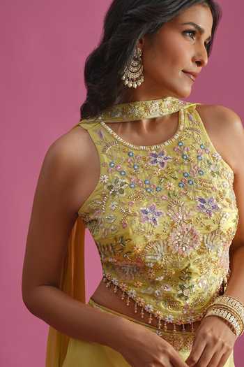 Buy Samyukta Singhania Yellow Tissue Embroidery Halter Neck Top Palazzo Set Buy_Samyukta Singhania_Yellow Tissue Embroidery Halter Neck Top Palazzo Set