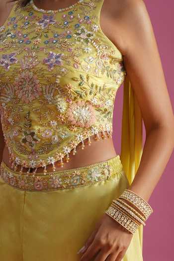 Shop Samyukta Singhania Yellow Tissue Embroidery Halter Neck Top Palazzo Set Shop_Samyukta Singhania_Yellow Tissue Embroidery Halter Neck Top Palazzo Set