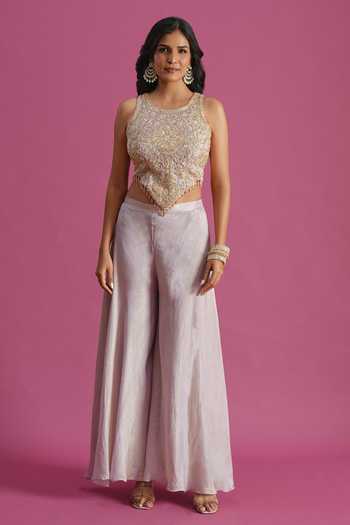 Buy Samyukta Singhania Grey Tissue Round Neck Hand Embroidered Top Palazzo Set Online at Aza Fashions Buy_Samyukta Singhania_Grey Tissue Round Neck Hand Embroidered Top Palazzo Set _Online_at_Aza_Fashions